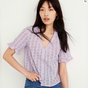 Madewell Lilac Eyelet Village Ruffle Sleeve V-Neck Button-Front Top Shirt